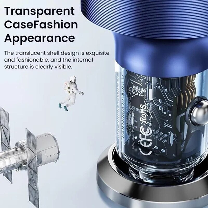 60W Dual Port Belt Type-C Line Transparent Car Charger Comes with 1m Type-C Data Wire PD3.0 QC3.0 Fast Charging For IPhone Samsung Huawei Xiaomi Mobil