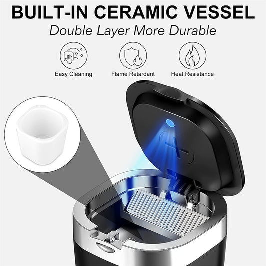 Car Ashtray Portable Ceramic Ashtray for Vehicles Mini Car Trash Can with Detachable Lid LED Blue Light Windproof for Outdoor Travel Home Use Car Inte