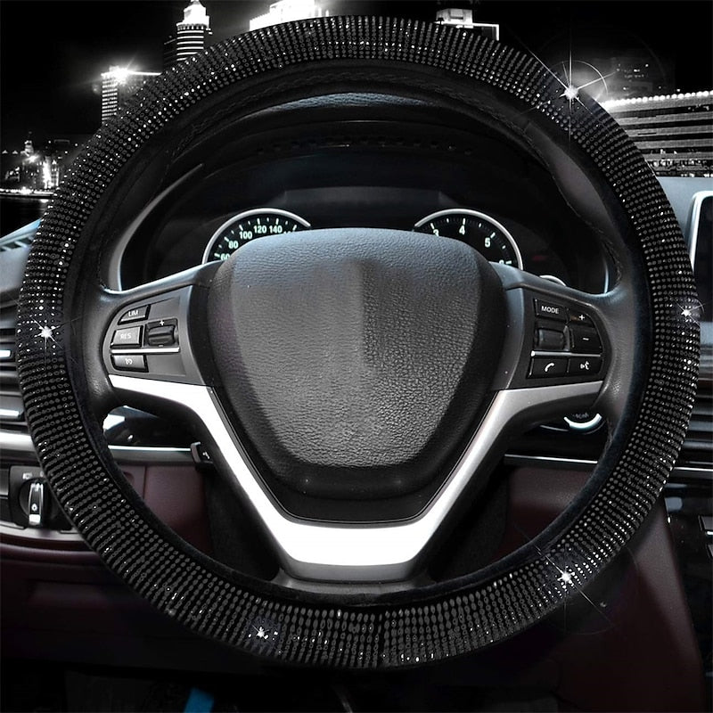Steering Wheel Cover for Women Men Bling Bling Crystal Diamond Sparkling Car SUV Wheel Protector Universal Fit 15 Inch (Black with Blue DiamondStandar