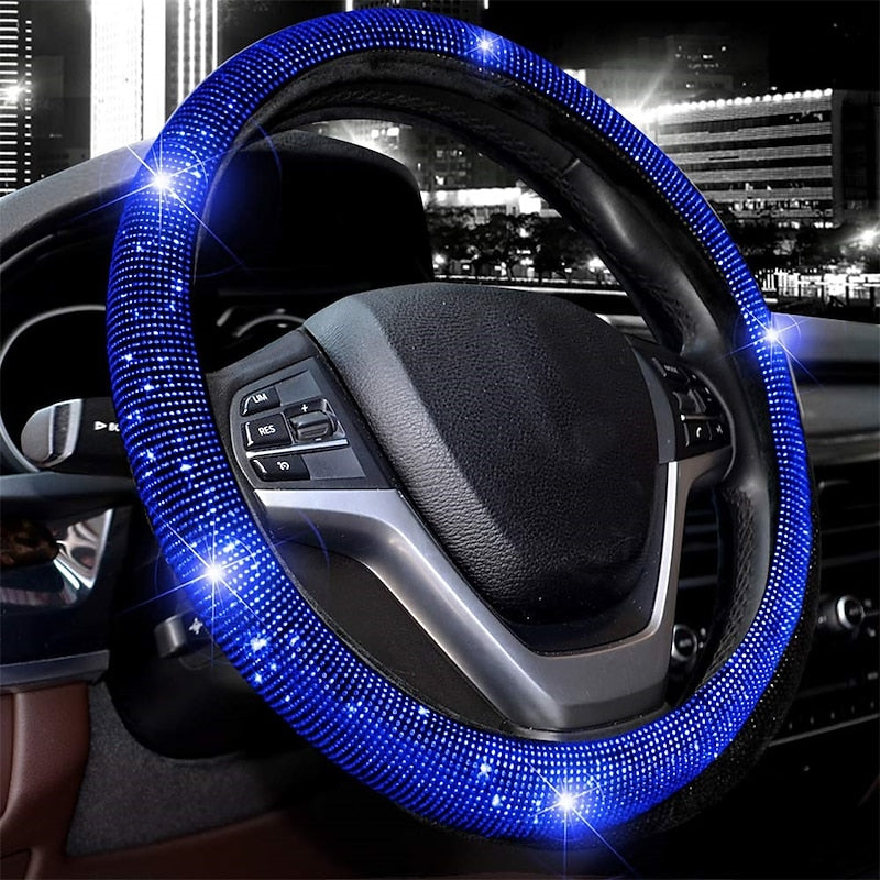 Steering Wheel Cover for Women Men Bling Bling Crystal Diamond Sparkling Car SUV Wheel Protector Universal Fit 15 Inch (Black with Blue DiamondStandar