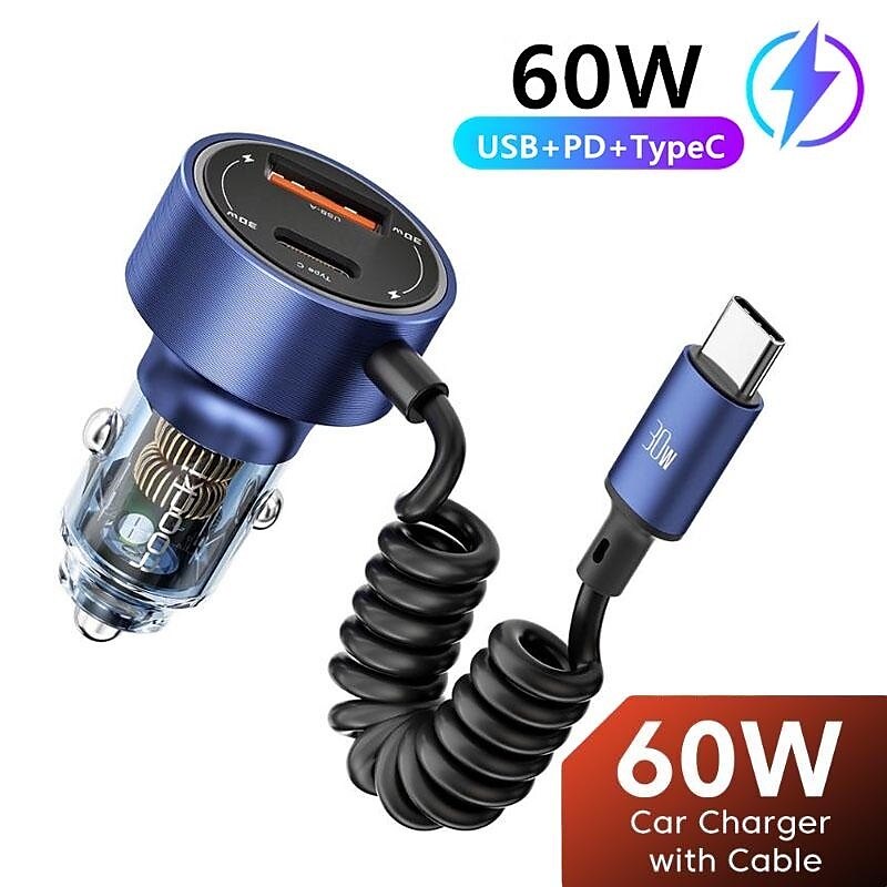 60W Dual Port Belt Type-C Line Transparent Car Charger Comes with 1m Type-C Data Wire PD3.0 QC3.0 Fast Charging For IPhone Samsung Huawei Xiaomi Mobil