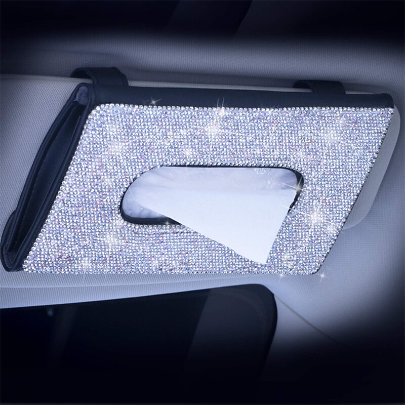 Bling Bling Car Sun Visor Tissue Box Holder Crystal Sparkling Napkin Holder PU Leather Backseat Tissue Case Car Accessories for Women 1PCS 2024 - RON