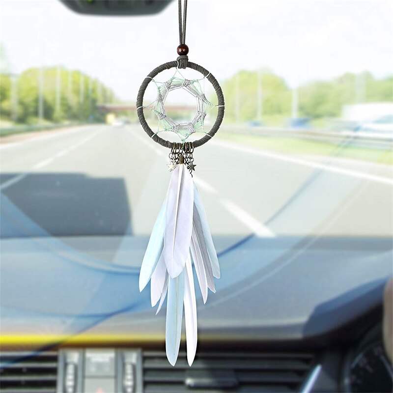 Alynsehom Dream Catcher Car Interior Rearview Mirror Hanging Decor Handmade Grids Nature Feather Small Boho Car Charms Pendant Accessories 2024 - $8.9