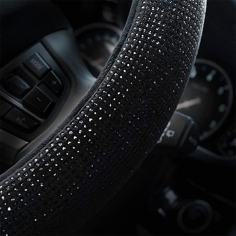 Steering Wheel Cover for Women Men Bling Bling Crystal Diamond Sparkling Car SUV Wheel Protector Universal Fit 15 Inch (Black with Blue DiamondStandar