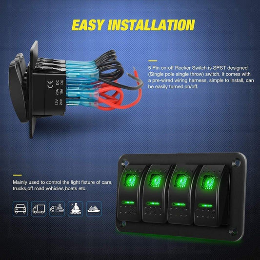 4 Gang Rocker Switch Panel 5Pin On Off Toggle Switch Aluminum Holder 12V 24V Dash Pre-Wired Blue Green Red Backlit Switches for Automotive Cars Marine