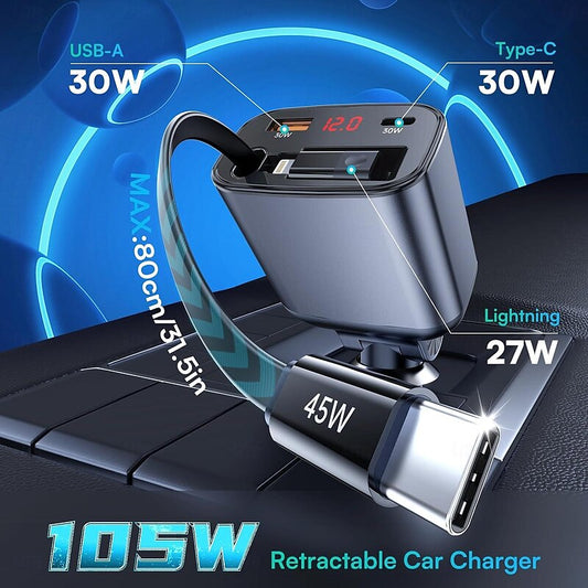 Retractable Car Charger Adapter with Type-C Cord Lightning 2 USB Ports Car Adapter with Voltage Display PD 45W 2024 - $25.99