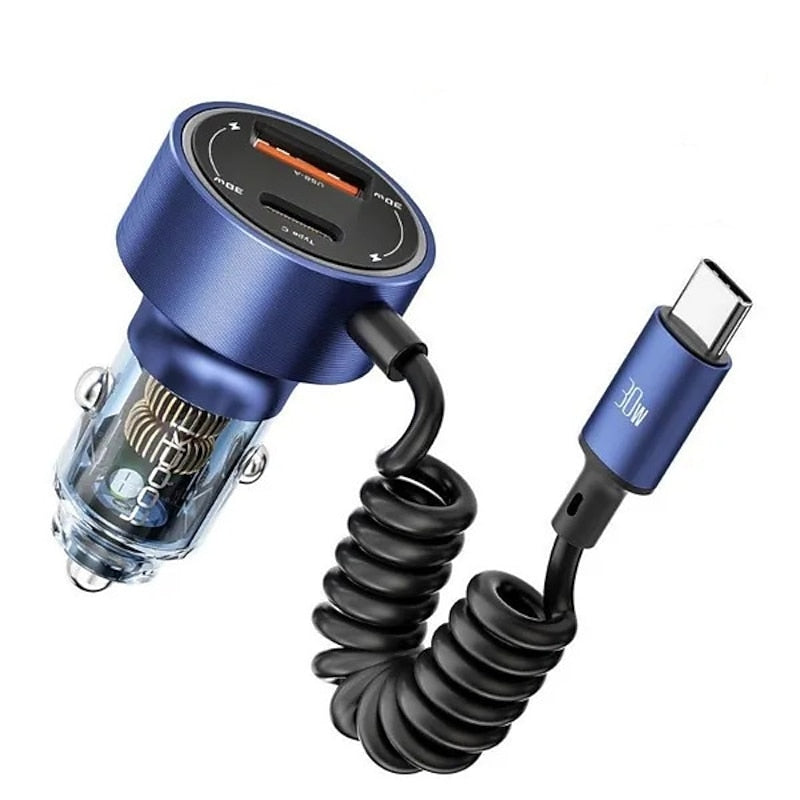 60W Dual Port Belt Type-C Line Transparent Car Charger Comes with 1m Type-C Data Wire PD3.0 QC3.0 Fast Charging For IPhone Samsung Huawei Xiaomi Mobil