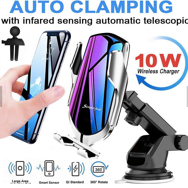 Wireless Car Charger Mount R2 Car Automatic Induction Charging Mobile Phone Holder Suction Cup Air Outlet 2 In 1 Fast Charging Holder for iPhone 13/13