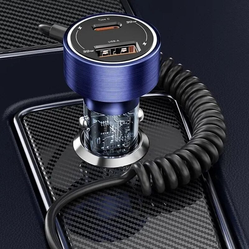 60W Dual Port Belt Type-C Line Transparent Car Charger Comes with 1m Type-C Data Wire PD3.0 QC3.0 Fast Charging For IPhone Samsung Huawei Xiaomi Mobil