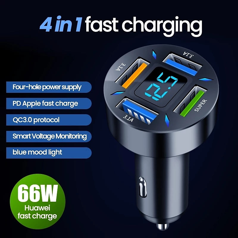 4 in 1 66W Car Charger Quick Charge Cigarette Lighter Adapter 4-Port USB AUSB C Fast Charging Phone Charger for iPhone Xiaomi Samsung 2024 - $7.99