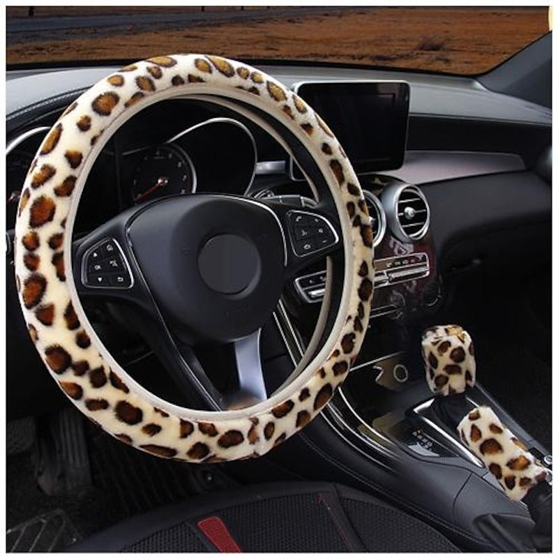 3 Pcs General Leopard Print Artificial Fur Winter Plush Car Steering Wheel Cover Handbrake Gear Cover 2024 - $10.99
