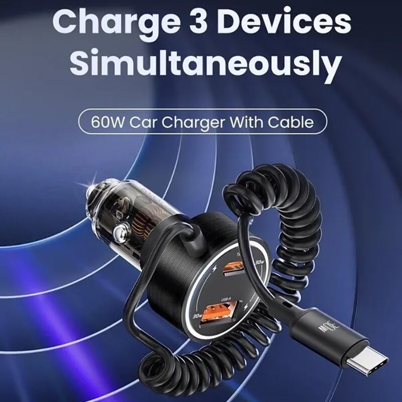 60W Dual Port Belt Type-C Line Transparent Car Charger Comes with 1m Type-C Data Wire PD3.0 QC3.0 Fast Charging For IPhone Samsung Huawei Xiaomi Mobil