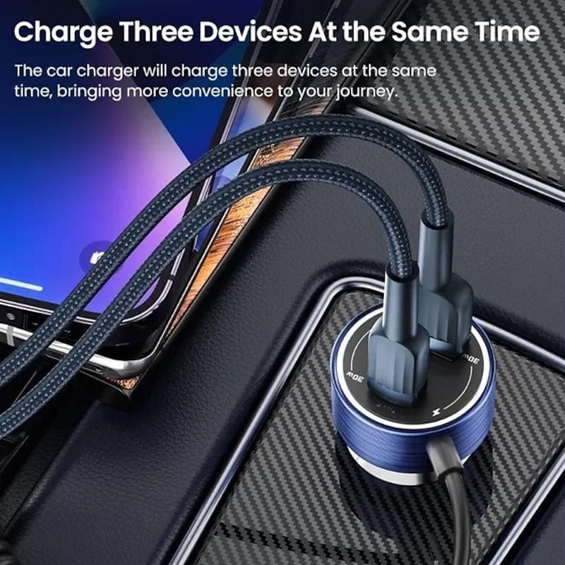 60W Dual Port Belt Type-C Line Transparent Car Charger Comes with 1m Type-C Data Wire PD3.0 QC3.0 Fast Charging For IPhone Samsung Huawei Xiaomi Mobil