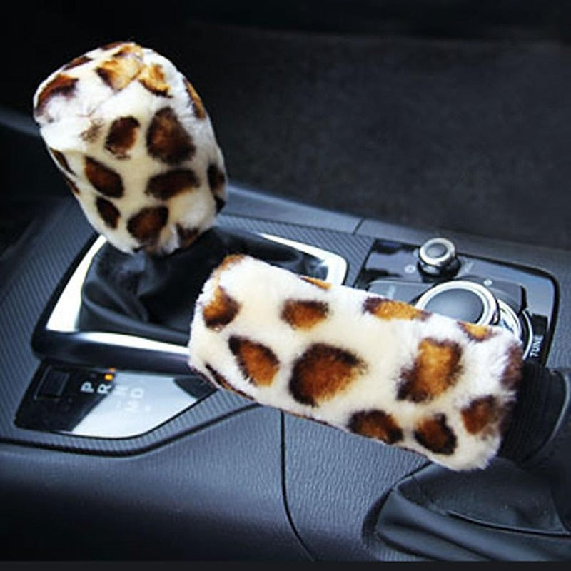 3 Pcs General Leopard Print Artificial Fur Winter Plush Car Steering Wheel Cover Handbrake Gear Cover 2024 - $10.99