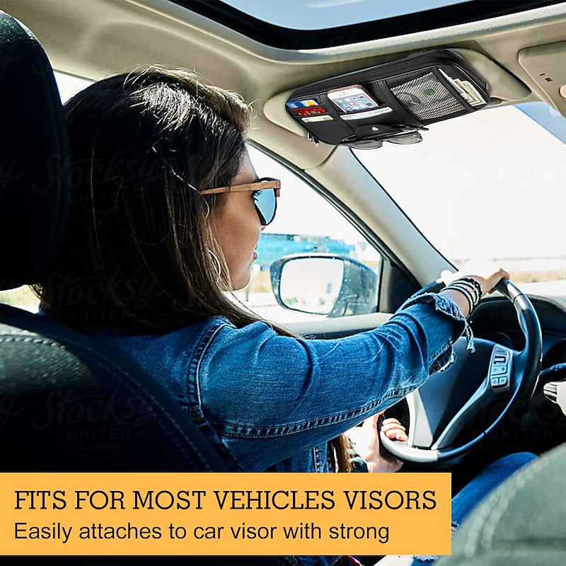 Car Sun Visor Organizer. Auto Interior Accessories Pocket Organizer Car Truck SUV Storage Pouch Glasses Bill Pen Card Holder with Multi-Pocket Net Zip