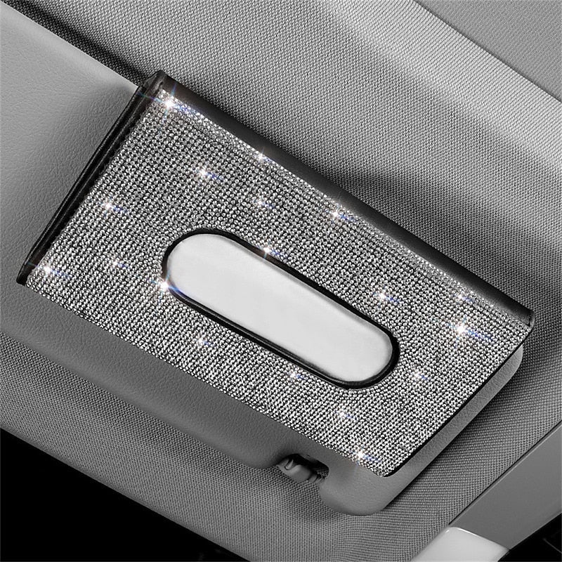 Bling Bling Car Sun Visor Tissue Box Holder Crystal Sparkling Napkin Holder PU Leather Backseat Tissue Case Car Accessories for Women 1PCS 2024 - RON