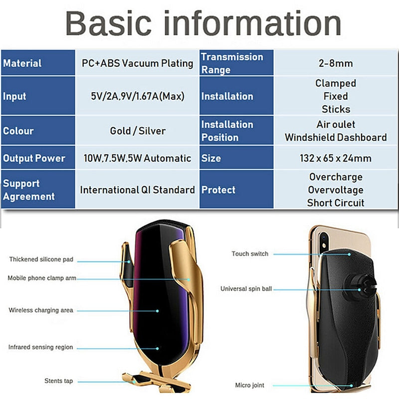 Wireless Car Charger Mount R2 Car Automatic Induction Charging Mobile Phone Holder Suction Cup Air Outlet 2 In 1 Fast Charging Holder for iPhone 13/13