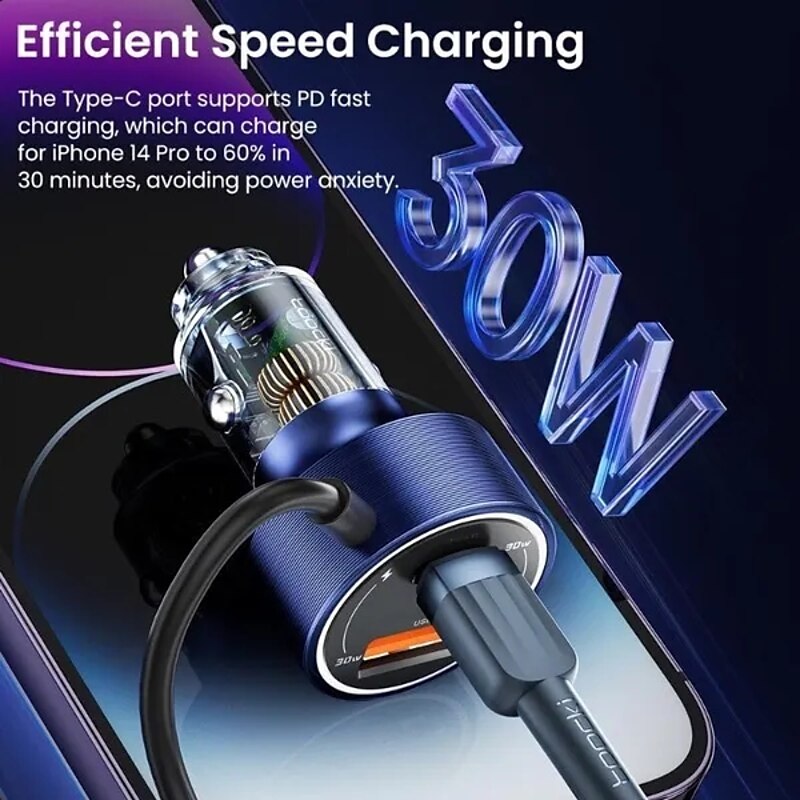 60W Dual Port Belt Type-C Line Transparent Car Charger Comes with 1m Type-C Data Wire PD3.0 QC3.0 Fast Charging For IPhone Samsung Huawei Xiaomi Mobil