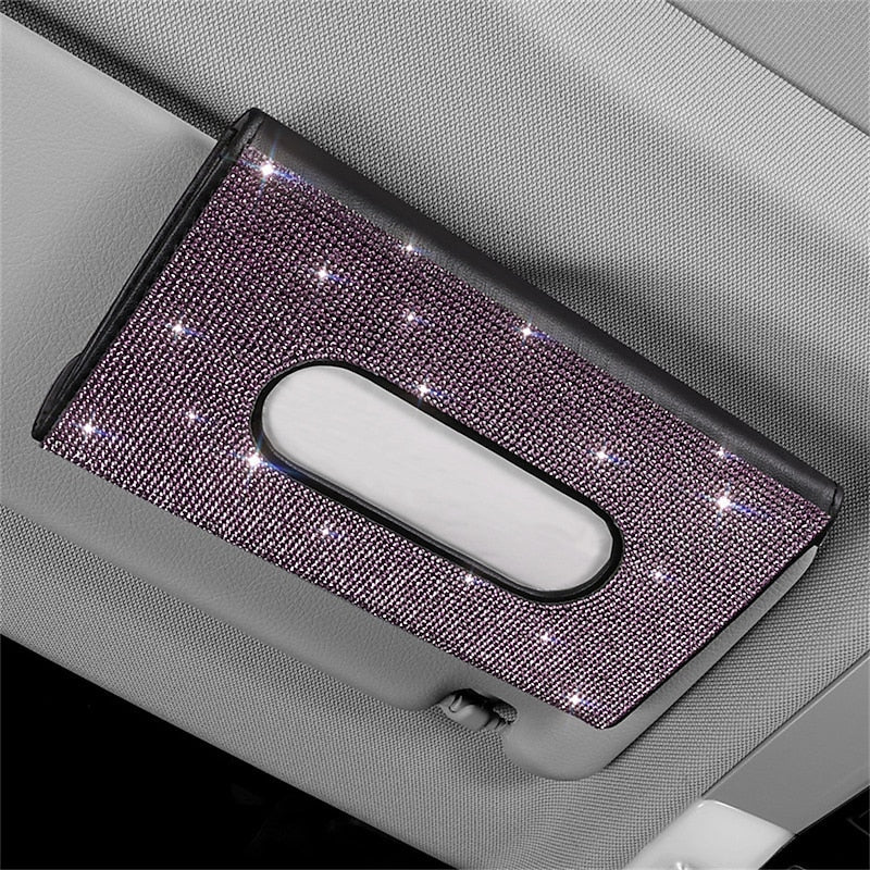 Bling Bling Car Sun Visor Tissue Box Holder Crystal Sparkling Napkin Holder PU Leather Backseat Tissue Case Car Accessories for Women 1PCS 2024 - RON