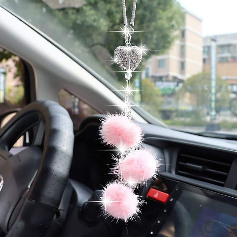 Bling Car Mirror Accessories for Women Men Bling Love Heart and Pink Plush ball Bling Rinestones Diamond Car Accessories Crystal Car Rear View Mirror