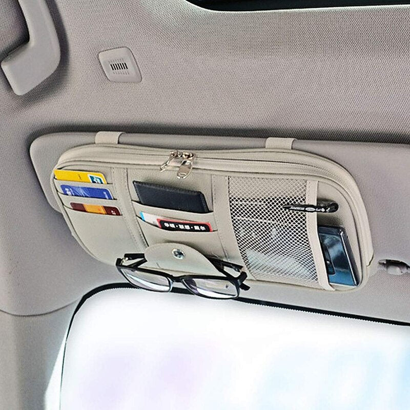 Car Sun Visor Organizer. Auto Interior Accessories Pocket Organizer Car Truck SUV Storage Pouch Glasses Bill Pen Card Holder with Multi-Pocket Net Zip