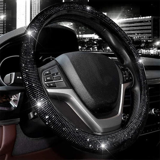 Steering Wheel Cover for Women Men Bling Bling Crystal Diamond Sparkling Car SUV Wheel Protector Universal Fit 15 Inch (Black with Blue DiamondStandar
