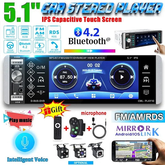 5.1'' IPS Capacitive HD Touch Screen Intelligent Voice 1din Car MP5 Player Bluetooth 4.2 Autoradio Support FM AM RDS Microphone DVR 4USB Bluetooth CAM