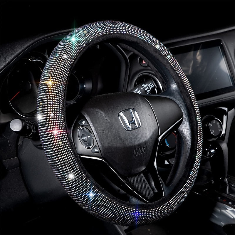 Steering Wheel Cover for Women Men Bling Bling Crystal Diamond Sparkling Car SUV Wheel Protector Universal Fit 15 Inch (Black with Blue DiamondStandar
