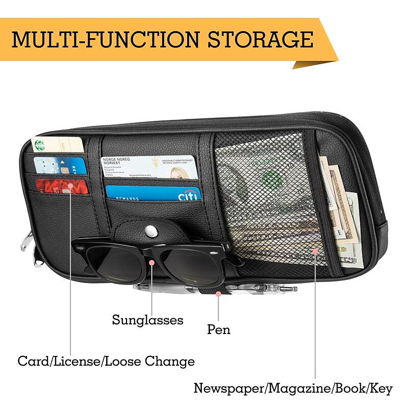 Car Sun Visor Organizer. Auto Interior Accessories Pocket Organizer Car Truck SUV Storage Pouch Glasses Bill Pen Card Holder with Multi-Pocket Net Zip