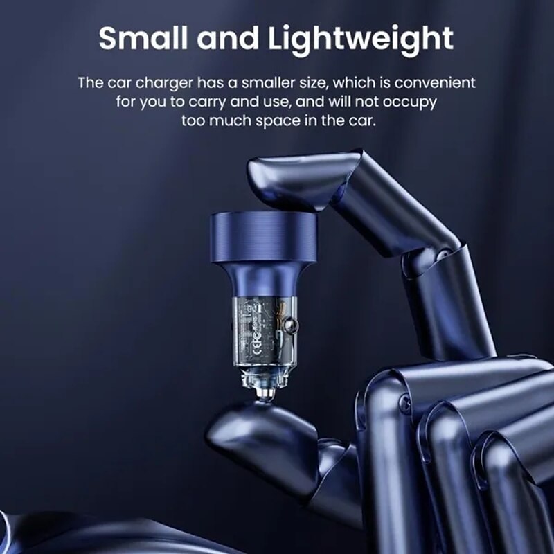 60W Dual Port Belt Type-C Line Transparent Car Charger Comes with 1m Type-C Data Wire PD3.0 QC3.0 Fast Charging For IPhone Samsung Huawei Xiaomi Mobil