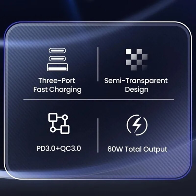 60W Dual Port Belt Type-C Line Transparent Car Charger Comes with 1m Type-C Data Wire PD3.0 QC3.0 Fast Charging For IPhone Samsung Huawei Xiaomi Mobil