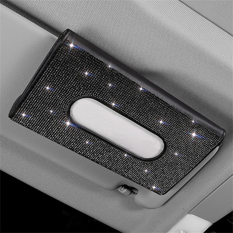 Bling Bling Car Sun Visor Tissue Box Holder Crystal Sparkling Napkin Holder PU Leather Backseat Tissue Case Car Accessories for Women 1PCS 2024 - RON